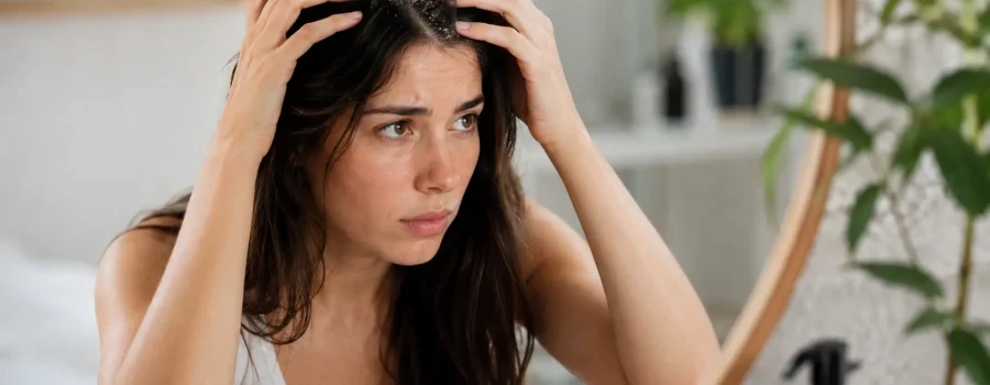 Donna che osserva il cuoio capelluto con forfora davanti allo specchio durante un periodo di stress, immagine dedicata al microbiota del cuoio capelluto, forfora da stress, cute sensibile e salute dei capelli.