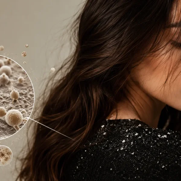 Donna con capelli scuri e forfora sul cuoio capelluto: gli squilibri del microbiota e della Malassezia. Ideale per un approfondimento sulla routine con Purify Oil e Purì Shampoo Natù per purificare e riequilibrare la cute.