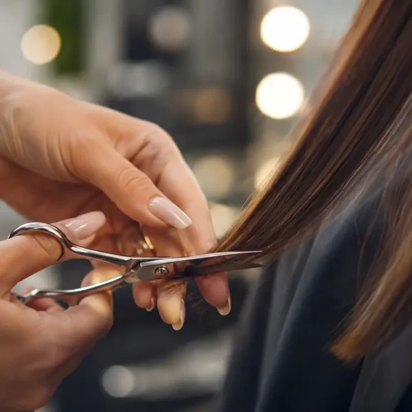 Ogni quanto tagliare i capelli: primo piano di un parrucchiere che spunta le punte di capelli lunghi e sani con forbici professionali per mantenere la chioma forte, ordinata e senza doppie punte.