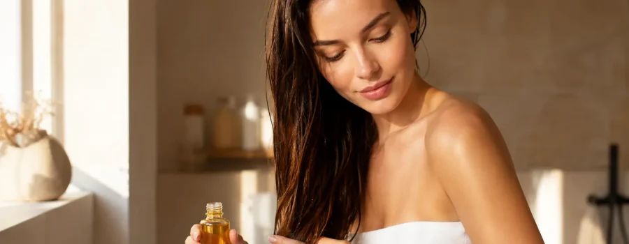 Donna con capelli lunghi che tiene in mano bottiglia con oli naturali per capelli durante un trattamento nutriente del cuoio capelluto