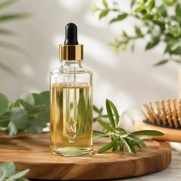 olio naturale per capelli grassi con applicatore contagocce su tavolo in legno circondato da foglie verdi e accessori per la cura dei capelli