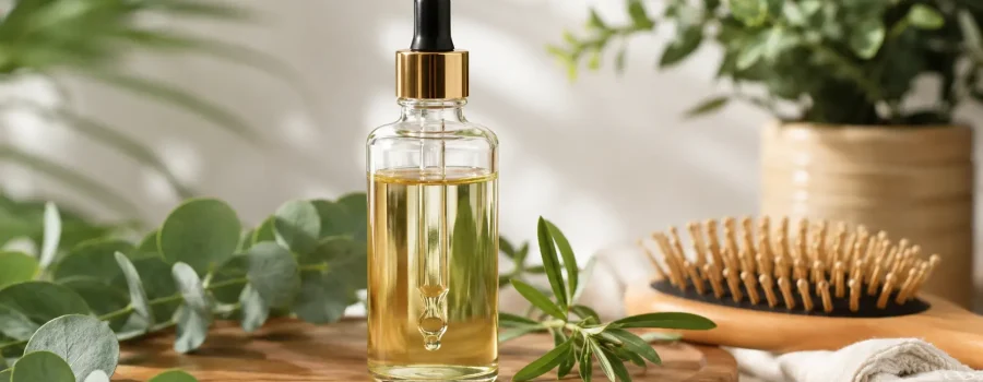 olio naturale per capelli grassi con applicatore contagocce su tavolo in legno circondato da foglie verdi e accessori per la cura dei capelli