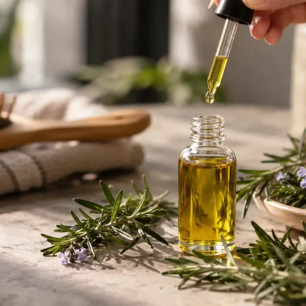 Olio di rosmarino per capelli, trattamento cosmetico per la cute e routine haircare contro capelli fragili, caduta e diradamento, con rosmarino ed estratti botanici.
