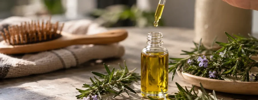 Olio di rosmarino per capelli, trattamento cosmetico per la cute e routine haircare contro capelli fragili, caduta e diradamento, con rosmarino ed estratti botanici.