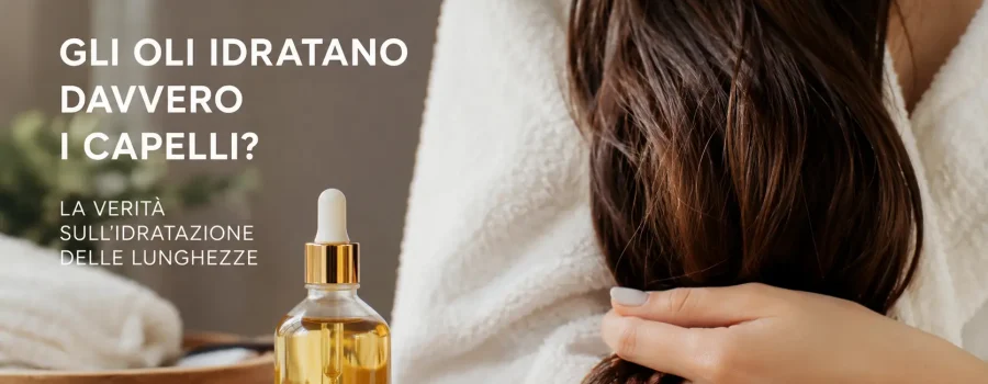Donna con capelli lunghi castani e bagnati che utilizza un olio per capelli sulle lunghezze, immagine beauty haircare dedicata all’idratazione dei capelli, alla cura della fibra capillare e al trattamento dei capelli secchi, crespi e sfibrati. Editoriale cosmetico sugli oli per capelli, idratazione e nutrimento delle lunghezze, olio capelli secchi, trattamento capelli danneggiati, hair oil, cura delle punte e haircare routine.