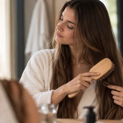 Donna con capelli lunghi castani che si pettina delicatamente con una spazzola, pettinare i capelli, come pettinare i capelli senza spezzarli, come spazzolare i capelli correttamente, cura dei capelli lunghi, spazzolatura delicata, prevenire nodi e capelli spezzati, proteggere le lunghezze, capelli sani morbidi e luminosi, cura delle punte, routine haircare quotidiana, consigli per districare i capelli, cura dei capelli secchi e fragili.