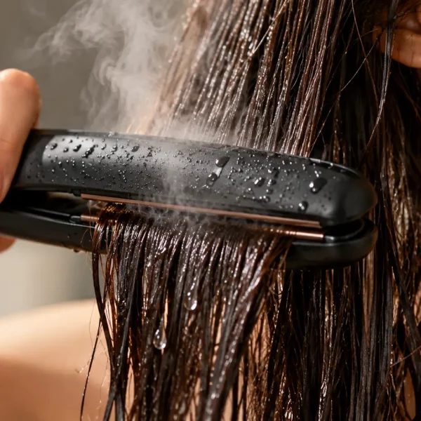 Piastra sui capelli bagnati, rischi per la fibra capillare, danni causati dal calore, capelli umidi, asciugatura prima della stiratura e consigli per ottenere capelli lisci senza rovinarli.
