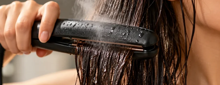 Piastra sui capelli bagnati, rischi per la fibra capillare, danni causati dal calore, capelli umidi, asciugatura prima della stiratura e consigli per ottenere capelli lisci senza rovinarli.