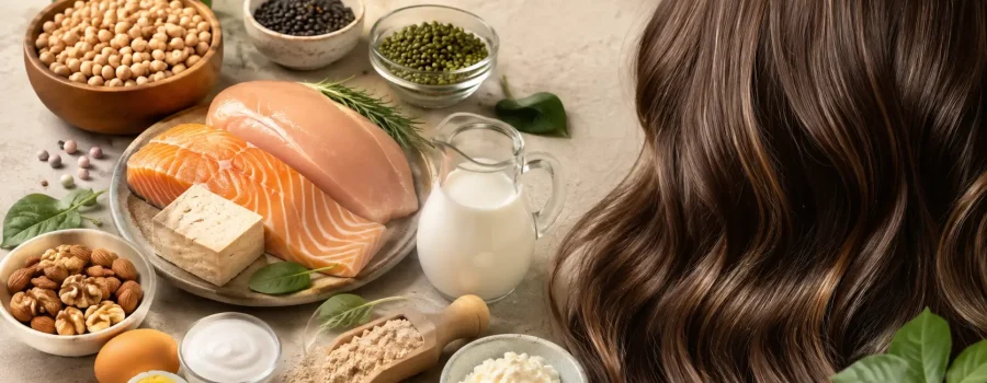 Alimenti ricchi di proteine accanto a capelli sani e luminosi, simbolo del ruolo delle proteine nella sintesi della cheratina e nella salute dei capelli.