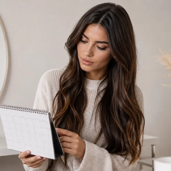 Capelli lunghi, forti e luminosi che simboleggiano la crescita naturale dei capelli nel corso di un mese, con focus su lunghezze sane, prevenzione della rottura e mantenimento della crescita nel tempo.