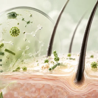 Scalp microbiome illustrato in una sezione del cuoio capelluto con follicoli piliferi e microrganismi benefici che rappresentano l'equilibrio del microbioma e la salute della cute.
