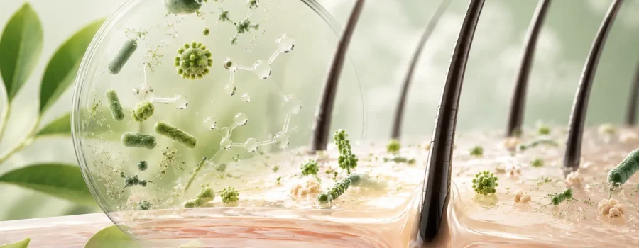 Scalp microbiome illustrato in una sezione del cuoio capelluto con follicoli piliferi e microrganismi benefici che rappresentano l'equilibrio del microbioma e la salute della cute.