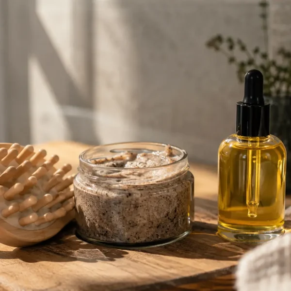Scrub e peeling del cuoio capelluto: differenze tra esfoliazione meccanica e peeling senza granuli, scrub cute, peeling cute, trattamento esfoliante per il cuoio capelluto, purificazione della cute, rimozione di sebo e residui, trattamento pre-shampoo e routine cosmetica per una cute pulita e detersa.