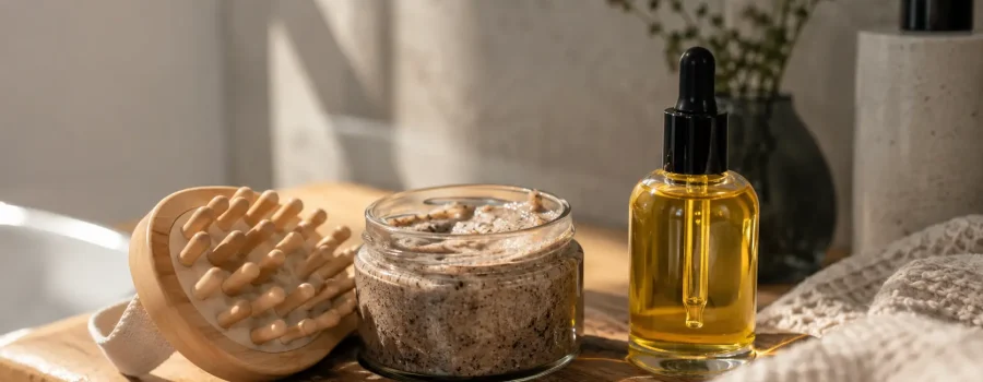 Scrub e peeling del cuoio capelluto: differenze tra esfoliazione meccanica e peeling senza granuli, scrub cute, peeling cute, trattamento esfoliante per il cuoio capelluto, purificazione della cute, rimozione di sebo e residui, trattamento pre-shampoo e routine cosmetica per una cute pulita e detersa.