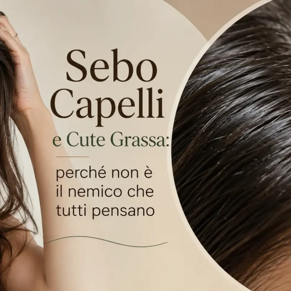 Donna con capelli castani e cuoio capelluto in primo piano che mostra la produzione naturale di sebo. Banner dedicato al ruolo del sebo nei capelli e nella cute grassa, con focus sulla funzione protettiva del film idrolipidico e sull'equilibrio del cuoio capelluto.
