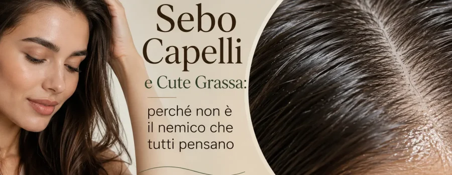 Donna con capelli castani e cuoio capelluto in primo piano che mostra la produzione naturale di sebo. Banner dedicato al ruolo del sebo nei capelli e nella cute grassa, con focus sulla funzione protettiva del film idrolipidico e sull'equilibrio del cuoio capelluto.