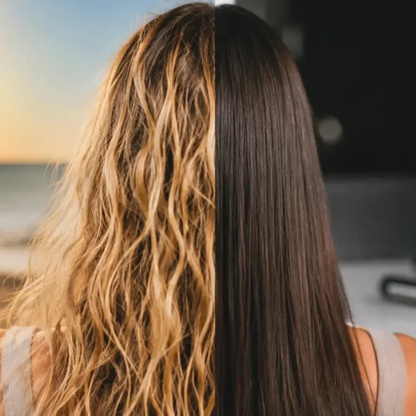 Confronto tra danni ai capelli causati dal sole e dalla piastra: capelli secchi, sfibrati, crespi e disidratati esposti ai raggi UV da una parte e capelli lisci, lucidi e sottoposti a calore dall’altra, fotografia realistica per blog cosmetico sulla salute dei capelli, protezione solare, danni da calore, capelli secchi e cura della fibra capillare.