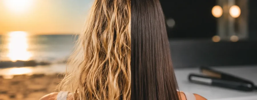 Confronto tra danni ai capelli causati dal sole e dalla piastra: capelli secchi, sfibrati, crespi e disidratati esposti ai raggi UV da una parte e capelli lisci, lucidi e sottoposti a calore dall’altra, fotografia realistica per blog cosmetico sulla salute dei capelli, protezione solare, danni da calore, capelli secchi e cura della fibra capillare.