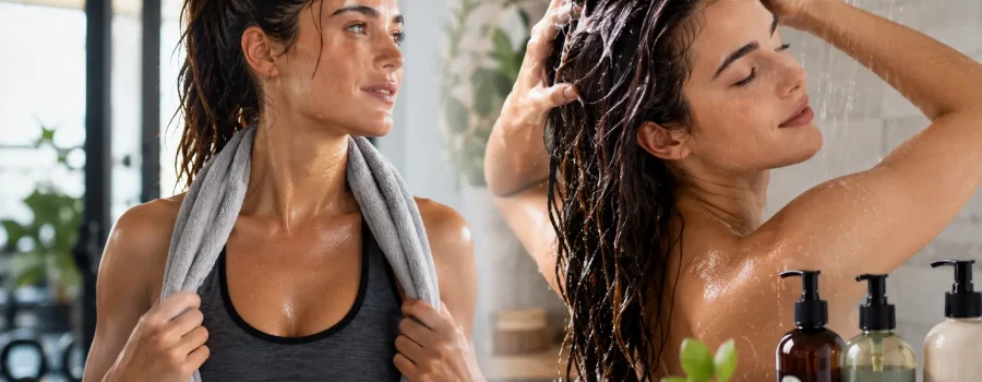 Routine di lavaggio dei capelli dopo l'attività fisica con shampoo delicato per la salute del cuoio capelluto. Donna sportiva che si lava i capelli dopo la palestra con shampoo delicato per mantenere il cuoio capelluto pulito.