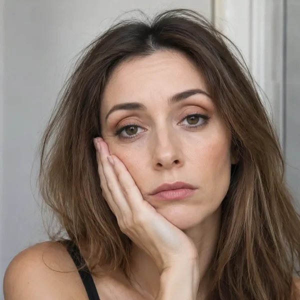 Donna truccata con espressione stanca e capelli spenti, esempio di errori beauty che possono far apparire il viso affaticato nonostante il make-up