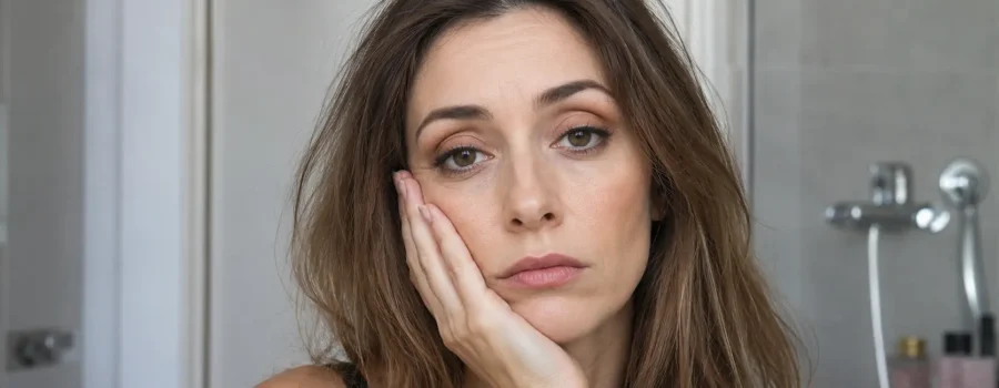 Donna truccata con espressione stanca e capelli spenti, esempio di errori beauty che possono far apparire il viso affaticato nonostante il make-up