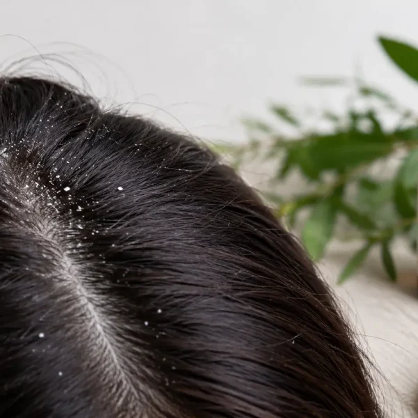 Primo piano realistico di un cuoio capelluto con forfora visibile lungo la scriminatura, mentre una mano separa delicatamente i capelli. Sullo sfondo sfocato si vede una boccetta di Tea Tree Oil con foglie verdi, in un ambiente luminoso e naturale che richiama la cura professionale del cuoio capelluto.