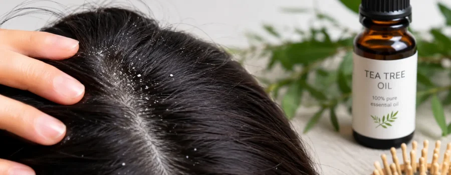 Primo piano realistico di un cuoio capelluto con forfora visibile lungo la scriminatura, mentre una mano separa delicatamente i capelli. Sullo sfondo sfocato si vede una boccetta di Tea Tree Oil con foglie verdi, in un ambiente luminoso e naturale che richiama la cura professionale del cuoio capelluto.