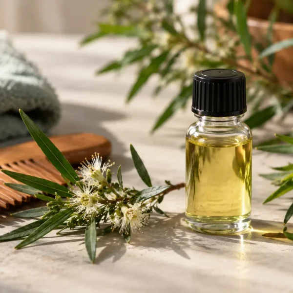 Tea Tree Oil per capelli grassi, olio essenziale per la cura della cute, sebo in eccesso, radici oleose, cuoio capelluto grasso, impurità e routine haircare riequilibrante.