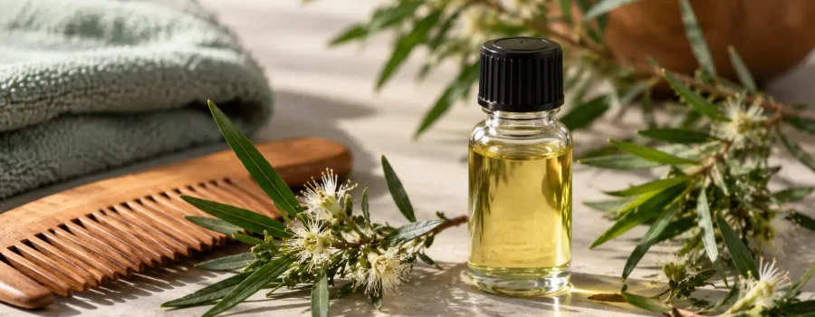 Tea Tree Oil per capelli grassi, olio essenziale per la cura della cute, sebo in eccesso, radici oleose, cuoio capelluto grasso, impurità e routine haircare riequilibrante.
